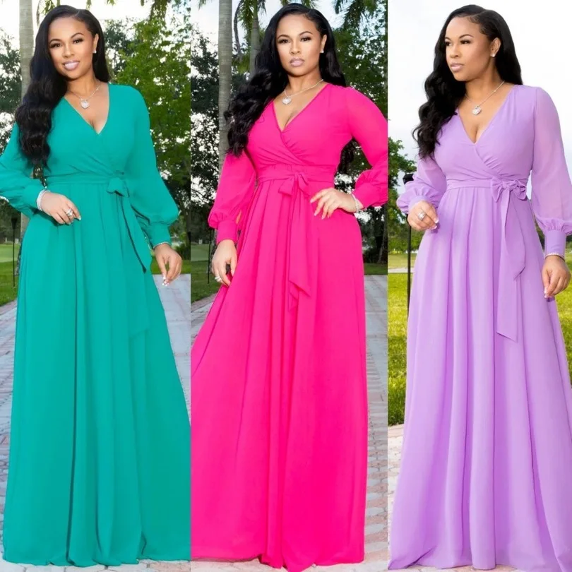 

Women Long Maxi Dress Solid Long Sleeve V-neck Loose Dresses Bohemian Elegant Female Robe Womens Casual Dress With Belted