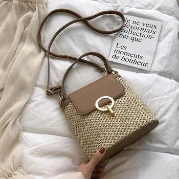 

Casual Chains Straw Bucket Bags Women High Quality Messenger Bag Rattan Bags Beach Travel Purses and Handbags Shoulder Bag Bolsa
