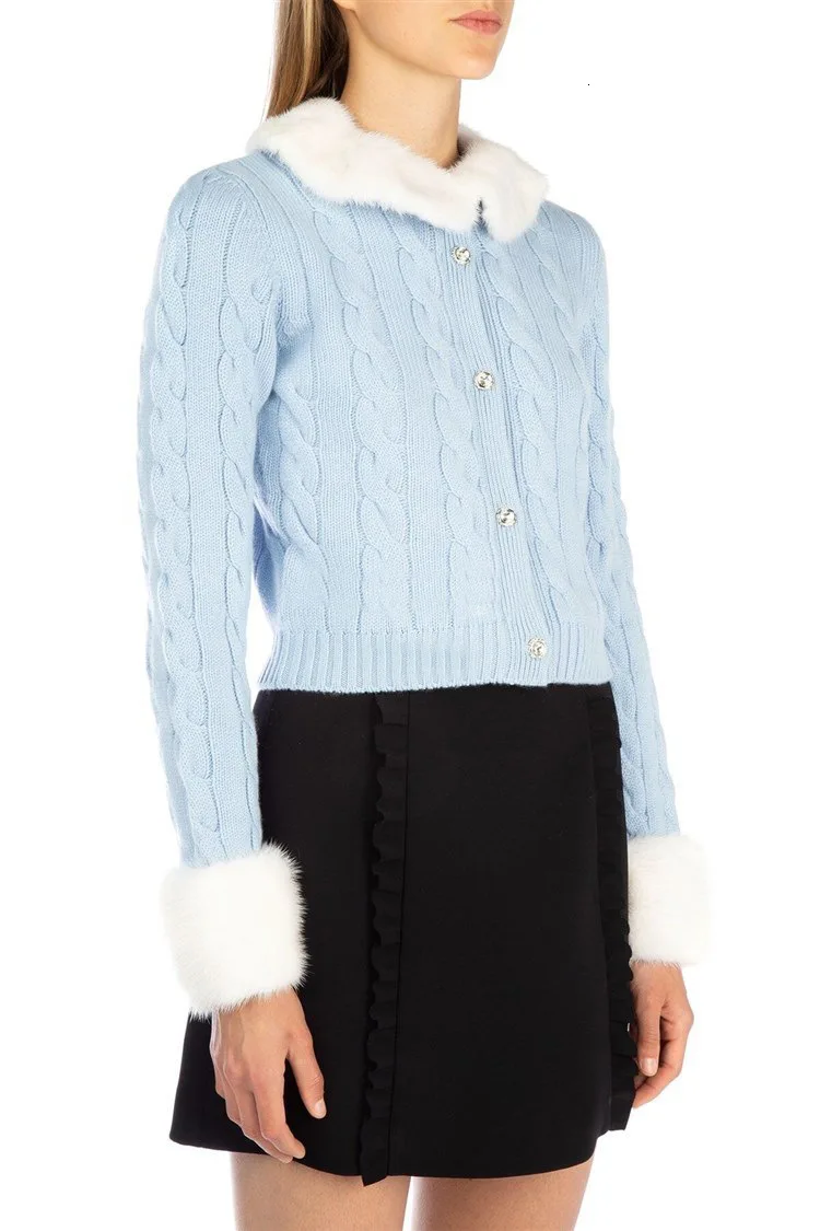 Minkhairblue TVVOVVIN Sweet Girl Style Short Fund Sweater Early Autumn Lead Skinny Hemp Flowers Knitting Cardigan ZX512 - Color: Minkhairblue