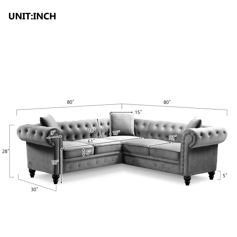 Chesterfield Sofa Set Button Tufted Velvet Upholstered Low Back Loveseat & 3 Seat Sofa Roll Arm Classic,5 Pillows Sectional Sofa