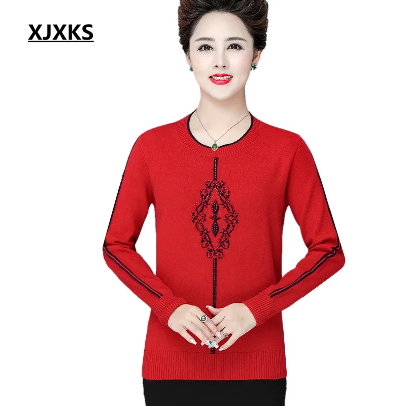 XJXKS Мода Печать Изысканный Алмазный женский свитер Осень Зима Плюс Размер кашемировый трикотажный свитер женский пуловер