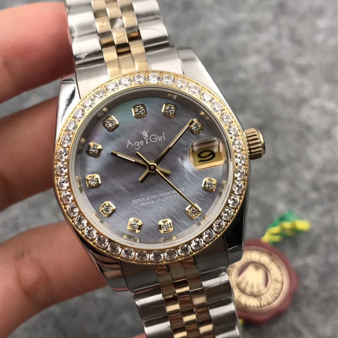 

Luxury Brand New Women Datejust Stainless Steel Automatic Mechanical Sapphire Gold Shell Grey Dial Diamonds Bezel Watch 31mm AAA