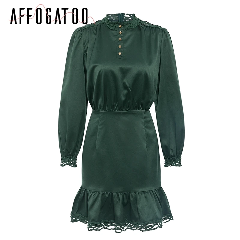 Afogafoo элегантное кружевное атласное платье с оборками женское винтажное мини-платье с длинным рукавом с высокой талией женское осенне-зимнее вечернее платье