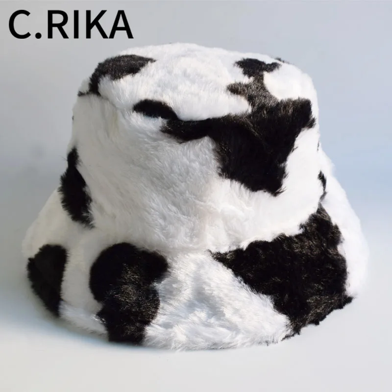 Fashion Black White Cow Pattern Bucket Hats Bob Winter Warm Velvet Fisherman Hat for Women Girls Gorras Vintage Basin Hat Panama