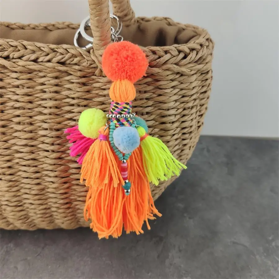 Handmade Orange Pom Pom Tassel Keychain Bag Hanging Gradient Colors Key