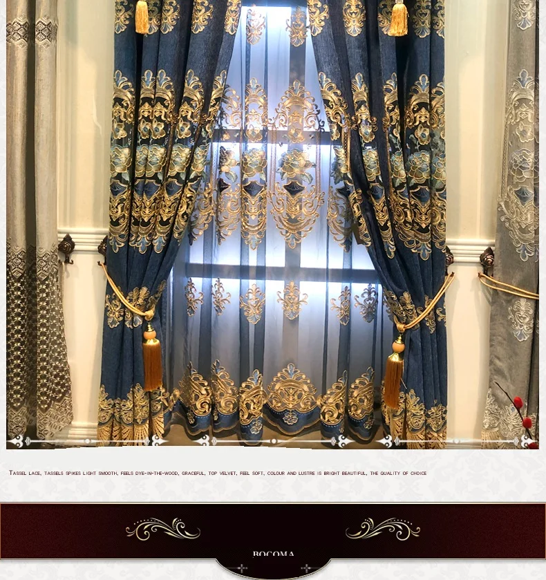 Blue water soluble yarn embroidered decorative curtains for Living Room Luxury Embroidered Voile Drapes Window Curtain Bedroom