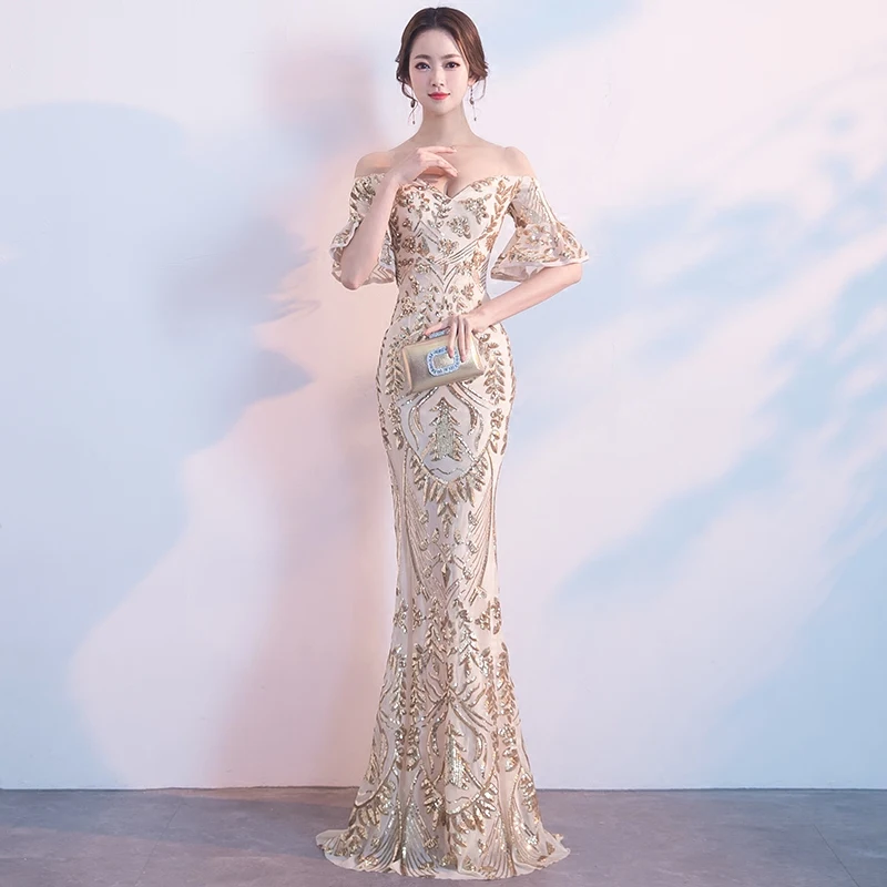 

Elegant Champagne Lady Cheongsam Evening Party Gown Sexy Slim Off Shoulder Wedding Dress Exquisite Sequins Mermaid Robe De Soire