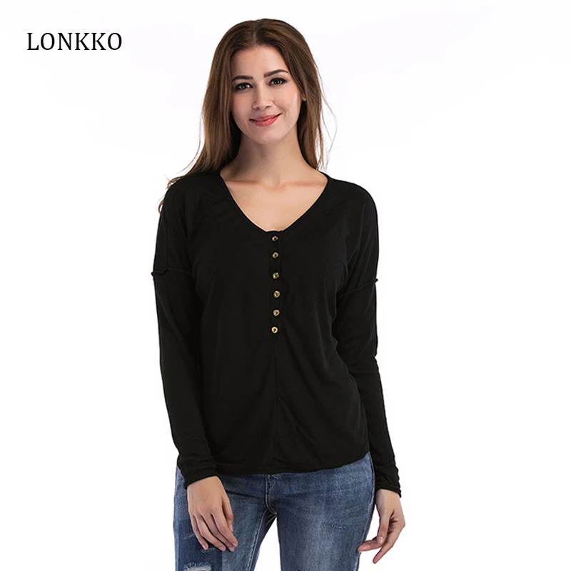 

LONKKO Button Front Ribbed Knit Deep V Neck Pullovers Tee Spring Autumn Women Tshirt Top Lady Casual Workwear Black White