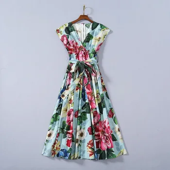 

European and American women's wear 2020 summer new style Sleeveless V-neck peony print Fashionable pleated blue dress