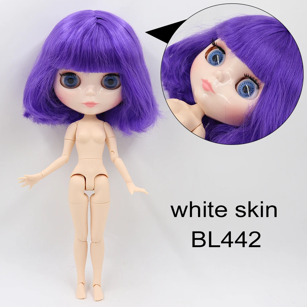 Neo Blythe 보라색 머리, 하얀 피부, 반짝이는 귀여운 얼굴을 가진 인형 Custom 관절바디 1