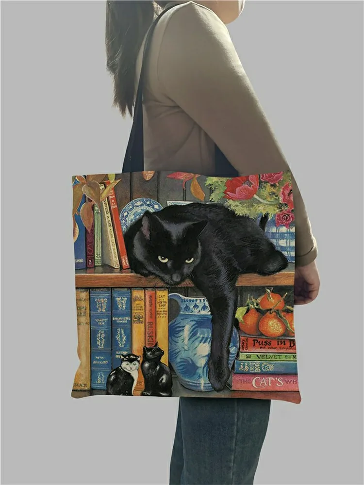 Customize Oil Painting Cat Print Womens Designer Tote Bags shoulder bag ladies handbag Linen Reusable Shopping Bag For Groceries Shoulder Bags for Lady