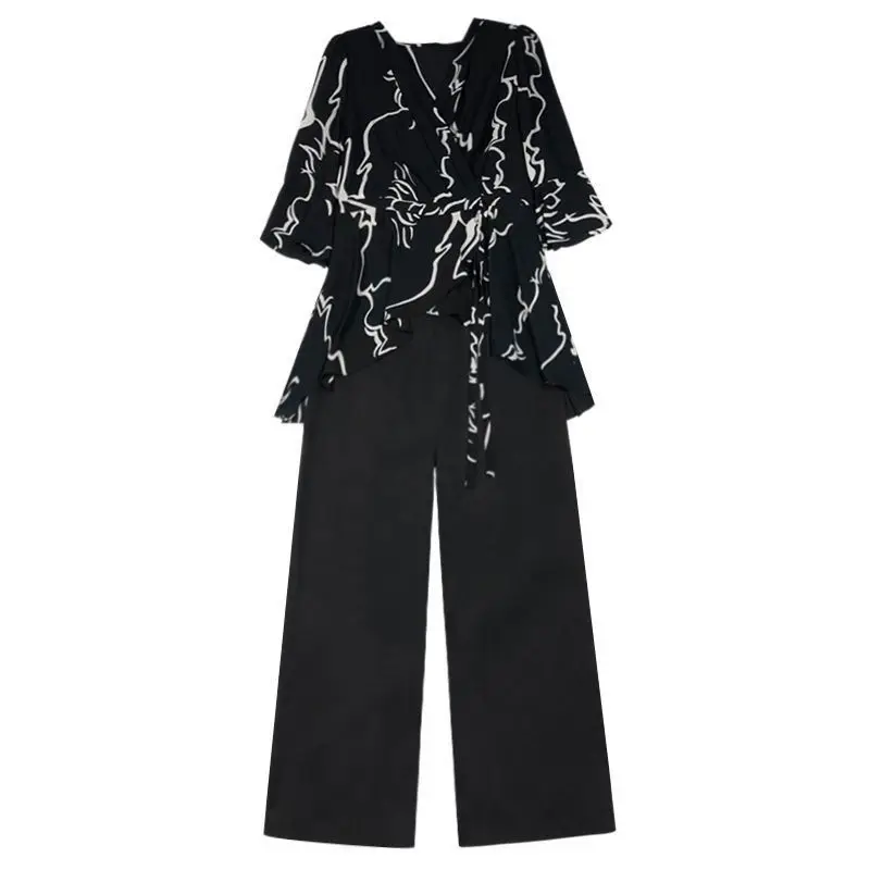 Women Sets Printed blous Solid Floor-length Wide Leg Pant Plus Size 4XL Elegant Office Ladies Causal Loose Fashion Summer Outfit sweat suits women