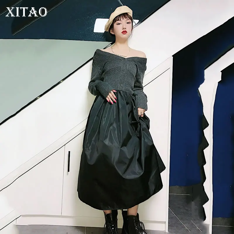 XITAO, вязаное серое платье, модное, новое, лоскутное, длинный рукав, с открытыми плечами, свободное, длинное, богиня веер, повседневное, плиссированное платье, DMY2208