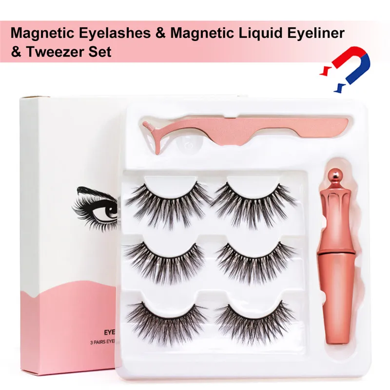 

3 Pairs Combinations Magnetic False Eyelashes & Magnetic Liquid Eyeliner & Tweezer Set Natural Thick Eyelashes set Big Eye Tools