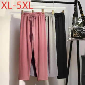 

New 2020 ladies autumn winter plus size cropped pants for women large loose casual wide leg pink gray belt trousers 3XL 4XL 5XL