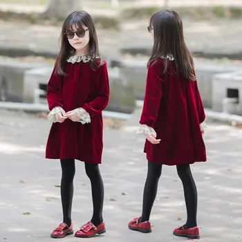 

2020 Girls Autumn Dresses Velvet Vintage Claret-red Dress Lace Patchwork Burgundy Two Layers Princess Dress for Winter