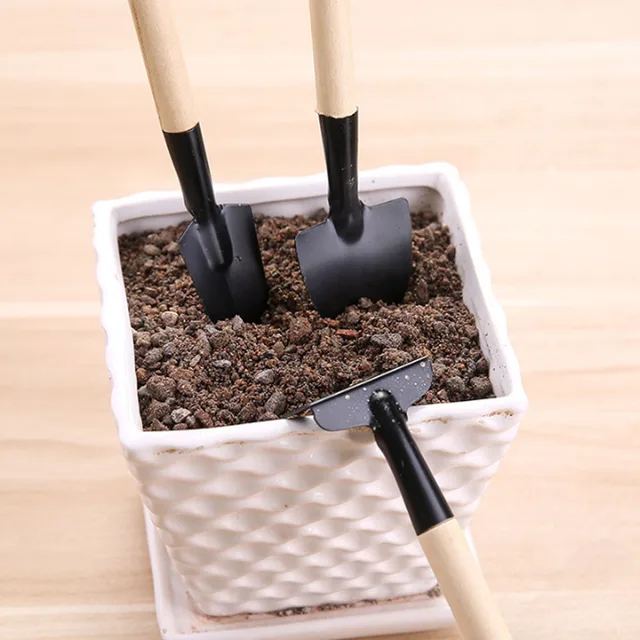 Mini Multifunkcionális Kertészeti Szerszám Háromrészes Készlet, Kültéri Növényi Lazító Lapátfa, Fából - Image 4