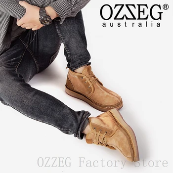 

OZZEG Luxury Brand Mens Casual Shoes Snow Boots Real Leather Australia Ankle Boots Sheep Fur Winter Shoes Lace-up Footwear OZ052