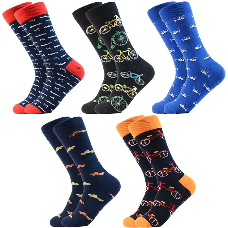 Men Happy Cotton Socks Funny Transportation Design Crew Socks Bicycle Car Helicopter Embroidery Male Skateboard Socks