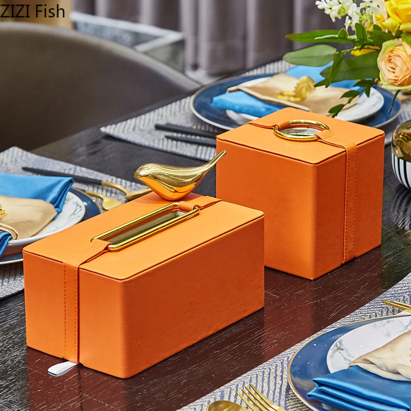 Leather Tissue Box Metal Geometric Frame Home Desktop Drawer Orange Green Square Table Storage Organization Home Decoration 3
