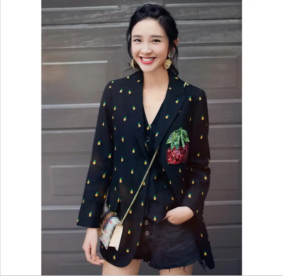 Корейский черный костюм с принтом ананаса вышитая черная костюмная куртка
