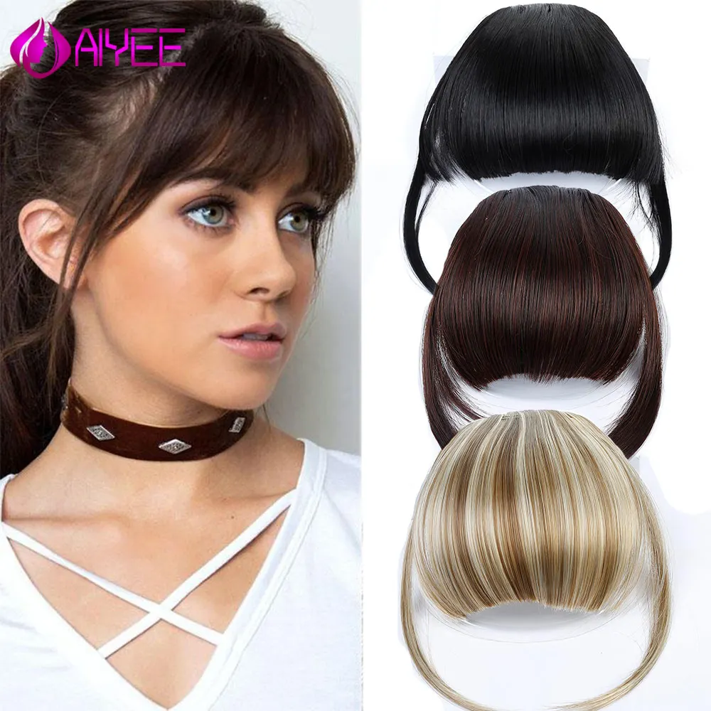 

AIYEE 6 Inch Fake Fringe Air Bangs Clip On Short Straight Front Synthetic Hair Extensions Thin Blunt Clip In Bangs Black Hair