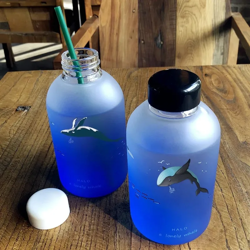 Whale Cup 600ML Frosted Glass Mup Leak-Proof Fashion Mineral Water Bottles  Drinkware Camping Travel Easy to Carry Sport Bottle