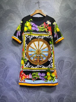 

2020 runway women vintage beading printed short sleeve dresses female o-neck elegant mini dress y342