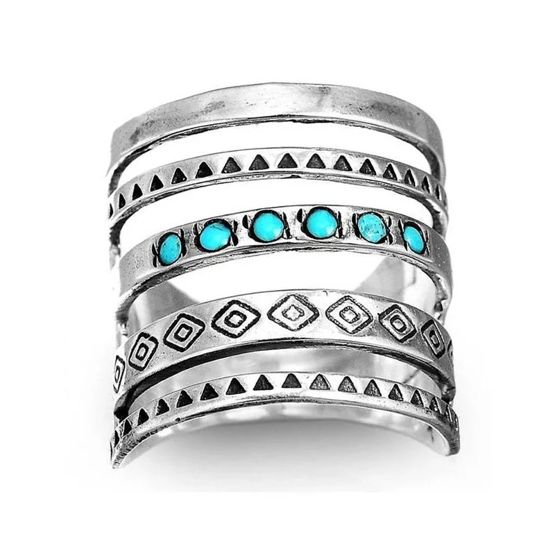 Silver Ring Vintage Bohemian Women's 925 Sterling Silver Multilayer Hollow Turquoise Ring Band Exquisite Engagement Wedding Rings