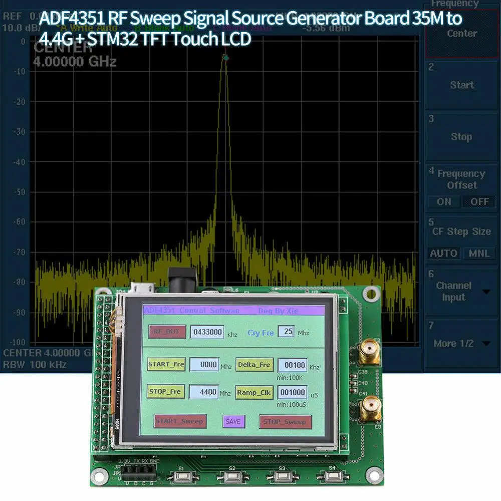 

Latest version ADF4351 RF Sweep Signal Source Generator Board 35M - 4.4G + STM32 TFT Touch LCD