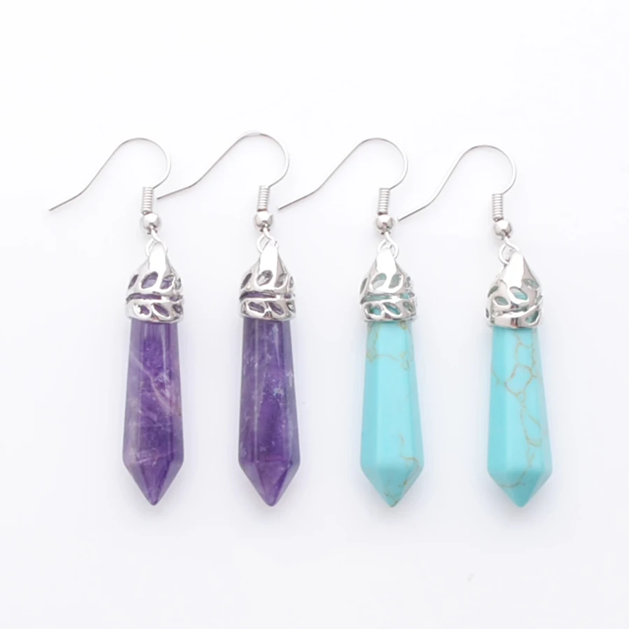 

WOJIAER New Fashion Hexagonal Tiger's Eye Golden Sand Gem Stone Pointed Reiki Chakra Beads Dangle Earrings Pair Jewelry PBR310