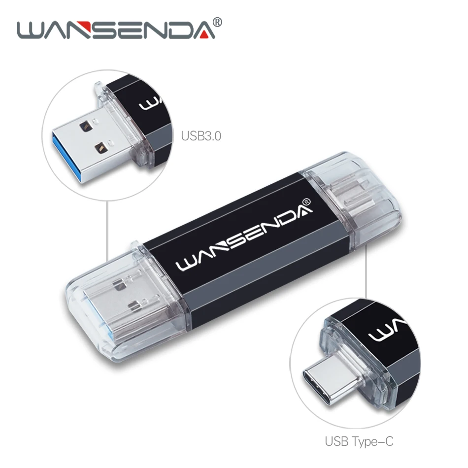 WANSENDA OTG USB флеш-накопитель 2 в 1 USB3.0 и Тип C флеш-накопитель 512 ГБ 256 ГБ 64 ГБ 32 ГБ Флешка USB флешка для устройств type-C - Цвет: Черный