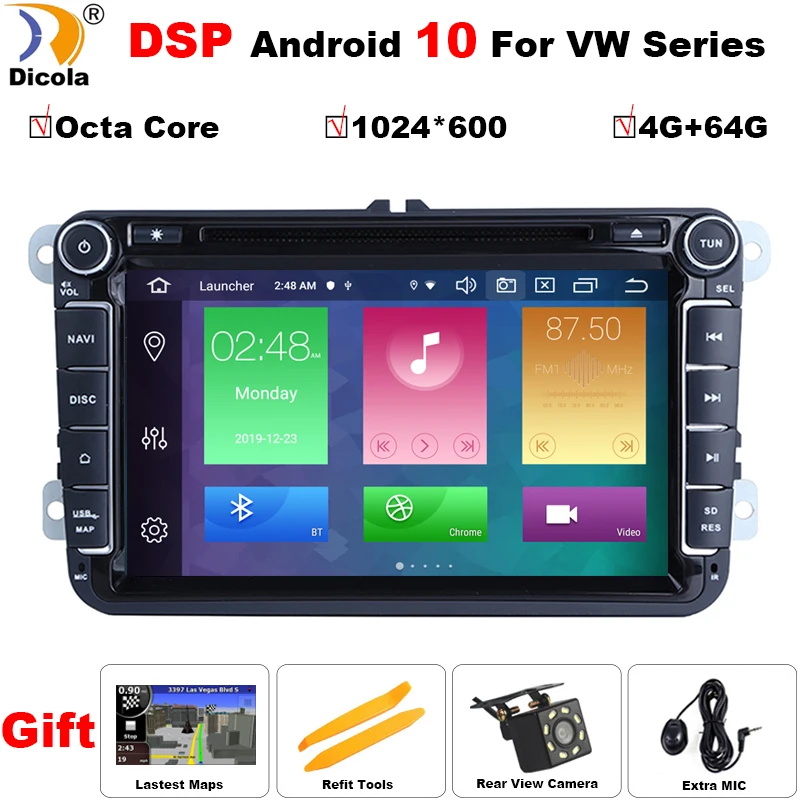 2 Din Android 10 DSP Восьмиядерный 4 Гб ОЗУ автомобильный DVD для VW Passat CC Polo GOLF 5 6 Touran EOS T5 Sharan
