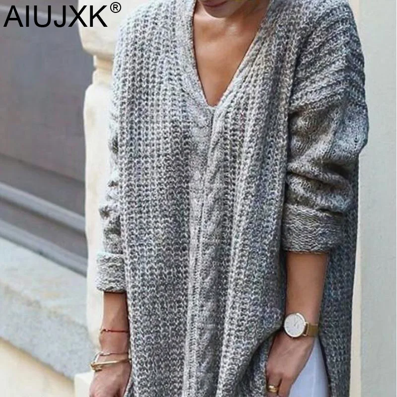 

AIUJXK V Neck Long Knitted Sweater Women Fashion Loose Pullovers 2019 New Autumn Winter Woman Plus Size Jumper Casual Clothes