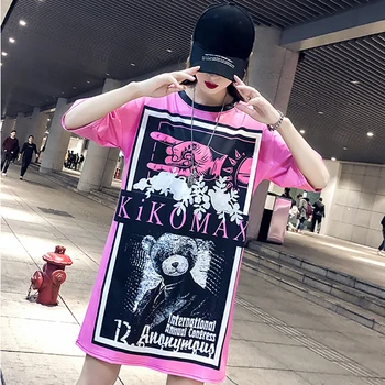 

Summer Europe Loose T-Shirts Women Letter Cartoon Print T-Shirt Rose Red Fashion Streetwear Short Sleeve Tees Medium Long Tops