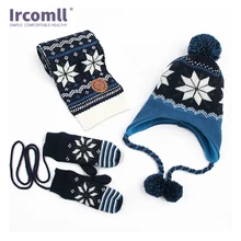 Ircomll/комплект из 3 предметов, шапка для мальчиков и девочек, двойная теплая шапка, зимняя детская вязаная шапка для мальчиков, шерстяная шапка+ шарф+ перчатки, зимние аксессуары