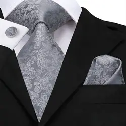 Привет-галстук дропшиппинг 100% шелковый галстук для мужчин серый галстук с ярким узором набор карманные Квадратные запонки костюм галстук