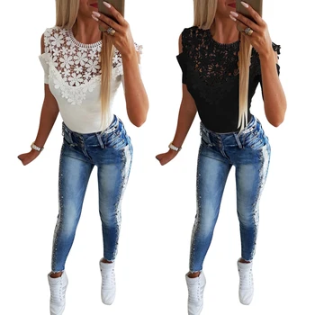 

Sale Summer Solid Color Black White Lady Tshirt Tee Shirt Lace Women T-Shirt Tops Short Sleeve Floral Printed Female T-Shirt D30