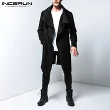 INCERUN, панк стиль, мужские однотонные куртки с длинным рукавом, Тренч, модные, с большим отворотом, мужские, тонкие, повседневные, ветровки, пальто, уличная одежда