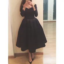 

2018 vestido de noiva robe de soiree 3/4 Sleeves Off the Shoulder Tea Length boat neck Black short Prom gown bridesmaid dresses