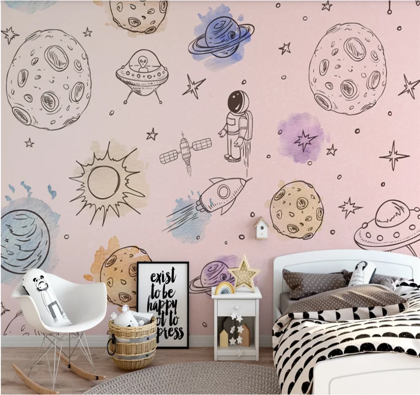 XUESU Nordic minimalist hand-painted space rocket children's room bedroom cartoon wallpaper mural 8D wall covering the atlas of space rocket launch sites