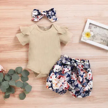 

HOT Summer Toddler Girl Shorts Sets Casual Short Sleeve Solid Romper Tops+Flower Shorts+Headband Suits Costume Set0