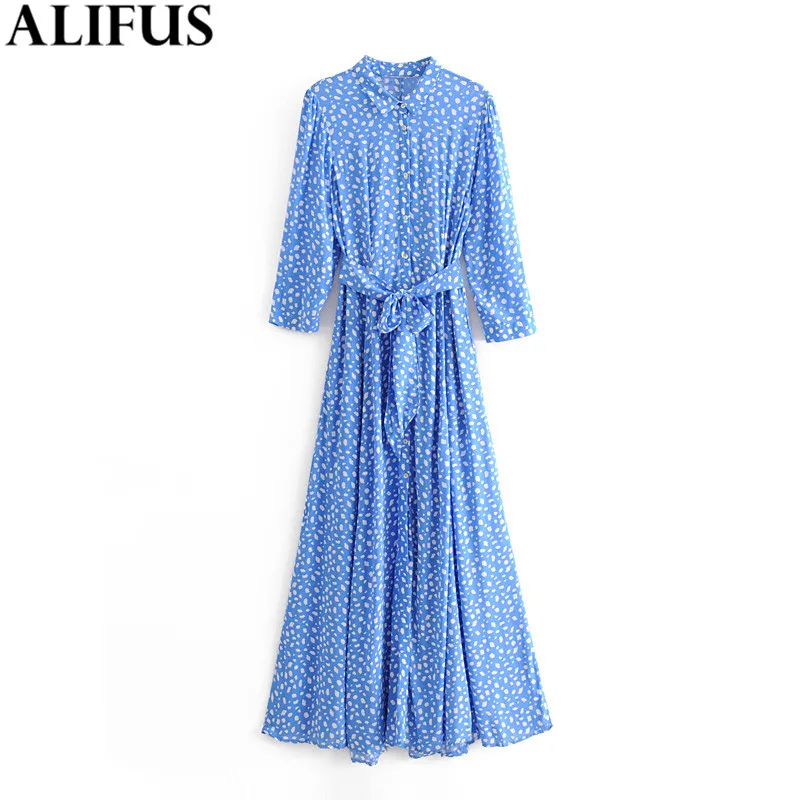 

Fashion Za Women Dress 2019 Vintage Print Bow Tie Sashes Chic Long Sleeve Casual Midi A-Line Dresses Female Ladies Vestidos