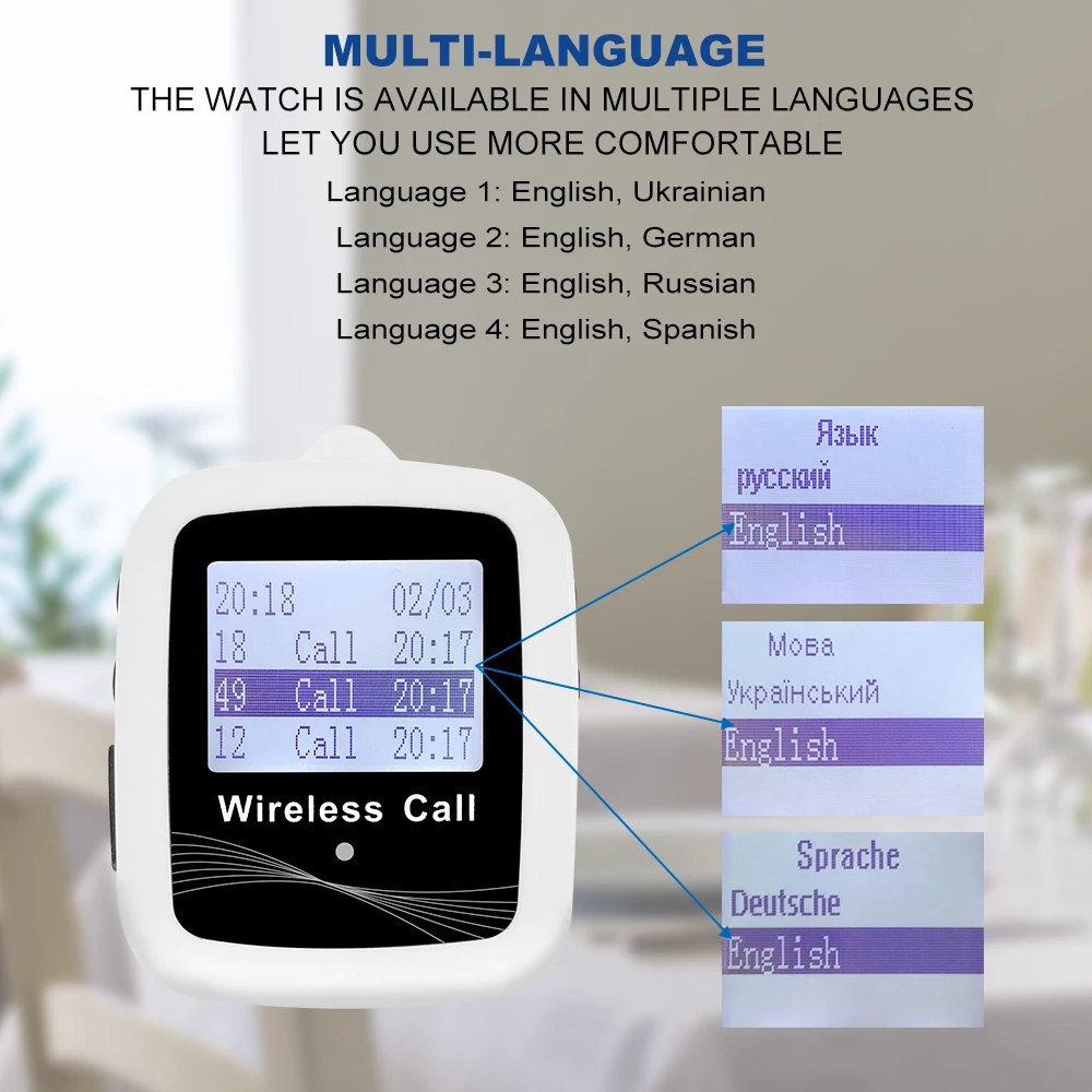 JINGLE BELLS Wireless Restaurant Guest Calling System 1 Waterproof Belt Watch Receiver 2 Table Call Buttons for Hospital, Bar