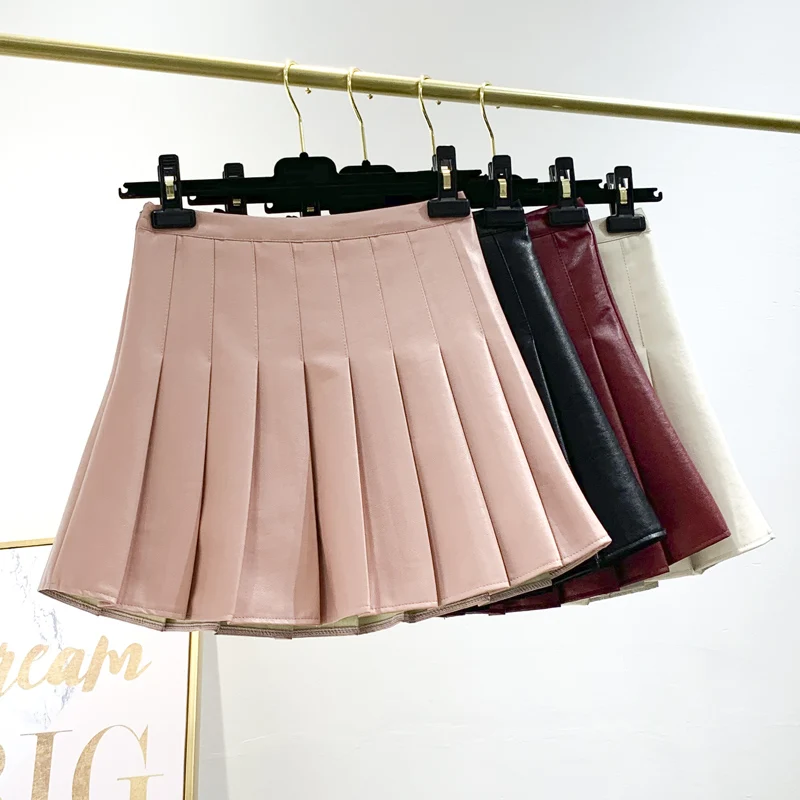 

Fashion 2019 Slim PU Leather Autumn Winter Mini Pleated Short Skirt Jupe Femme Women High Waist Casual A-Line Falda Dance Skirts