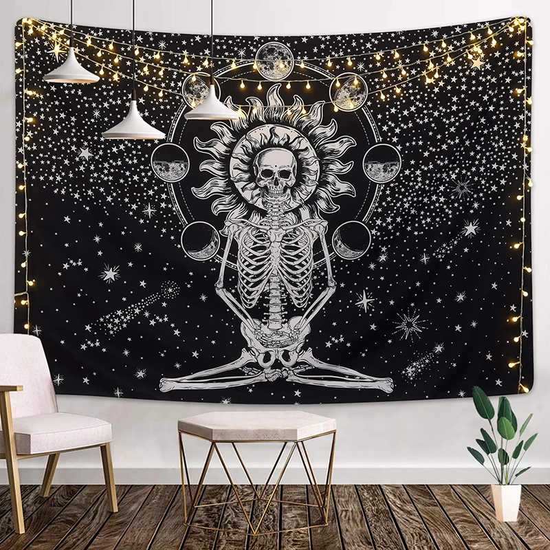 Хэллоуин Череп гобелен медитация гобелен с изображением скелета чакра гобелен со звездами черный и белый гобелен с изображением звезд Прямая поставка
