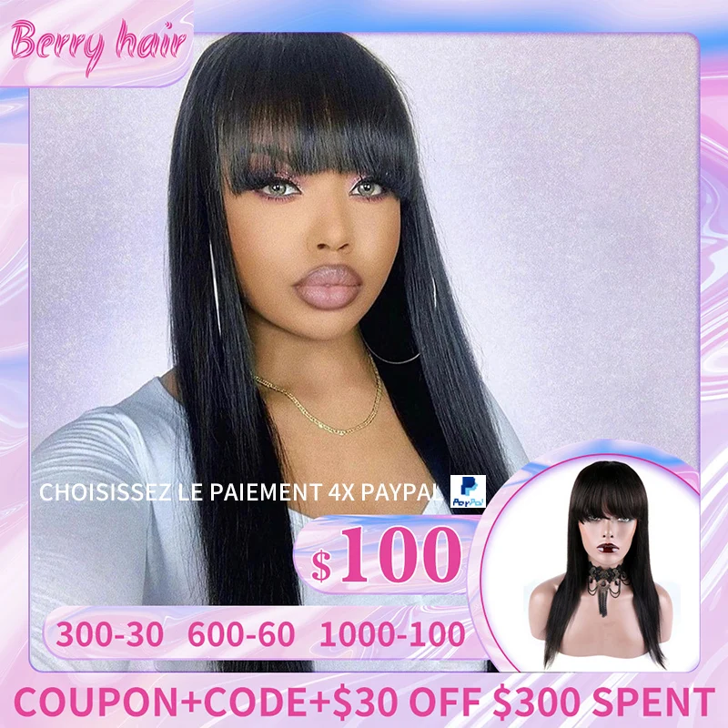 Bliss Straight Human Hair Wig With Bangs Brazilian Remy Fringe wig Cheap For Women | Шиньоны и парики