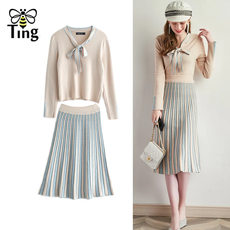 

Tingfly Autumn Winter Sweety Girls Two Pieces Sets Bow Neck Knitted Pullovers + High Waist Striped Skirt Fashion Women Sets New