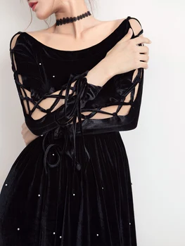 

Beaded Elegant Velvet Dress Women Autumn Hollow Out Strings Sleeve Sexy Party Fleece Vintage O Neck Slim Casual Solid Dress