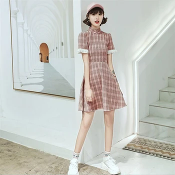 

2020 Improved Womens modern chinese dress sexy summer short puff sleeve cheongsam one-piece dress vintage plaid qi pao female